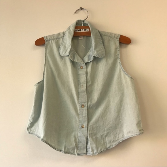 AMERICAN APPAREL denim shirt sleeveless button down shirt chambray light blue - Picture 1 of 4